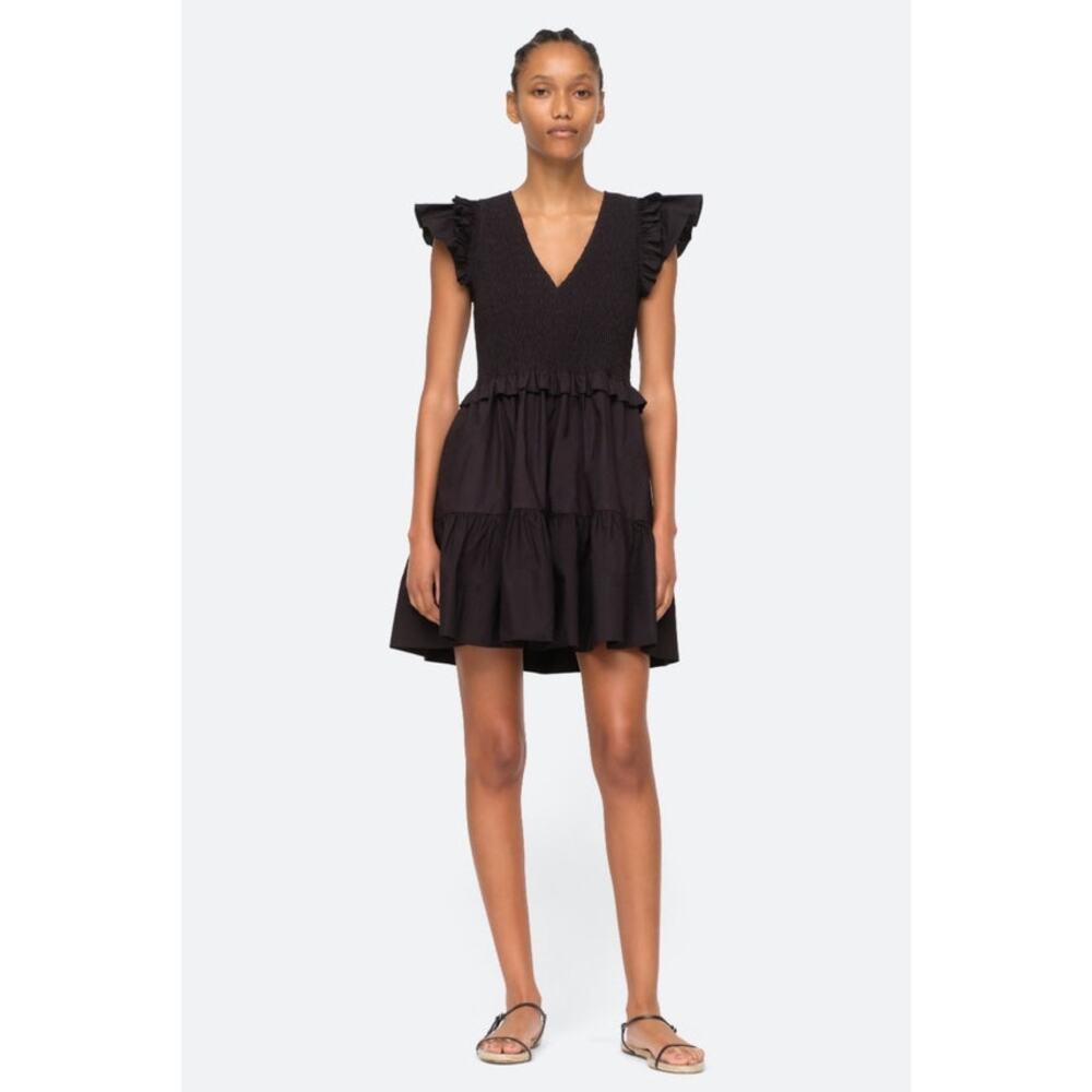 Sea New York Phoebe Mini Dress Womens 10 Black Smocked Tiered Pockets Cotton